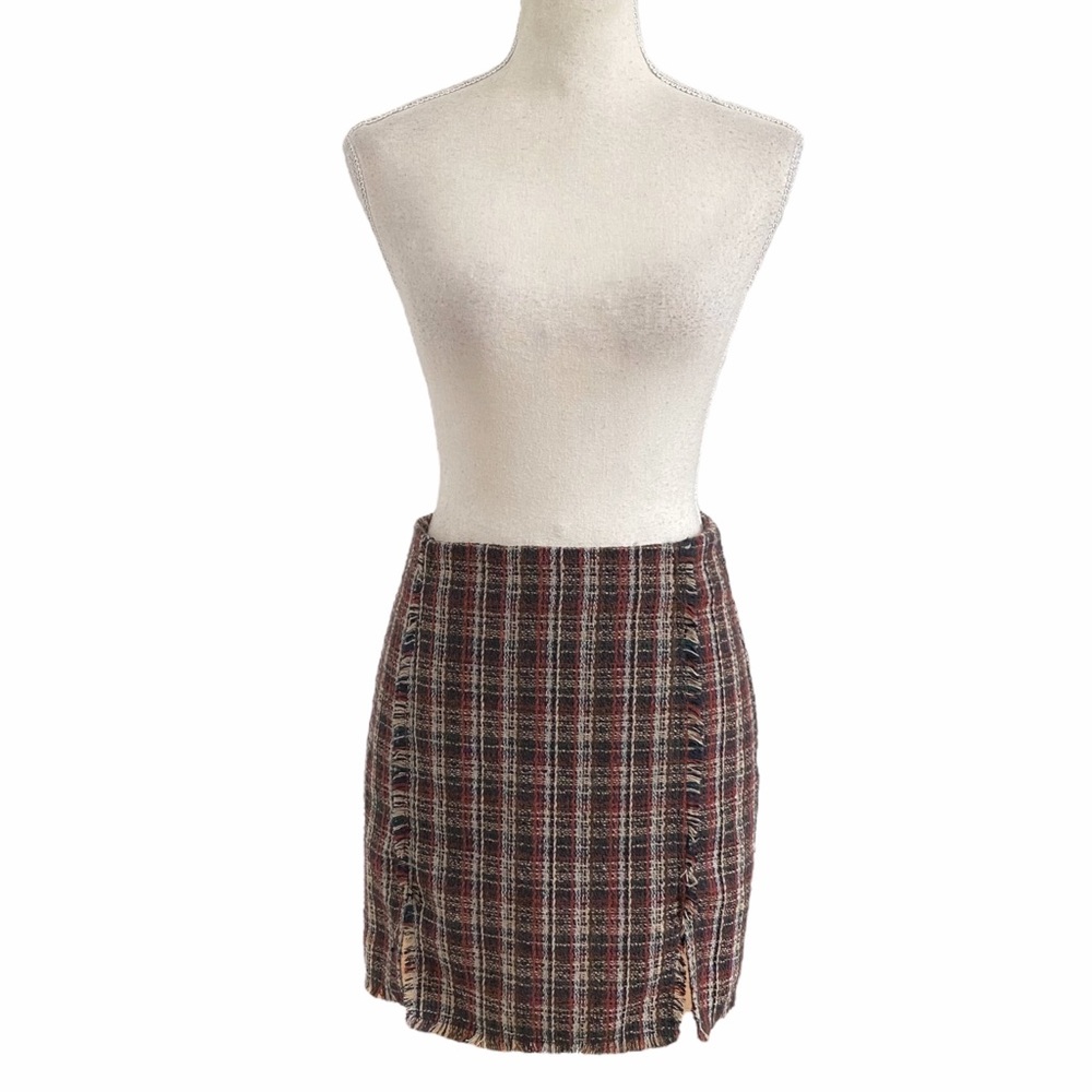 SADIE & SAGE BROWN RUST PLAID FRAY HIGH WAIST MINI SKIRT - S
